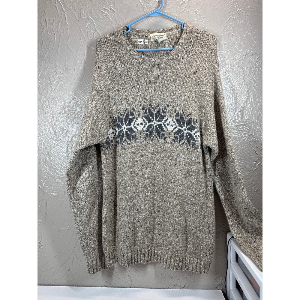 Eddie Bauer Sweater Men's Tan Wool‎ Blend Snowflakes Winter Pullover Tall Large